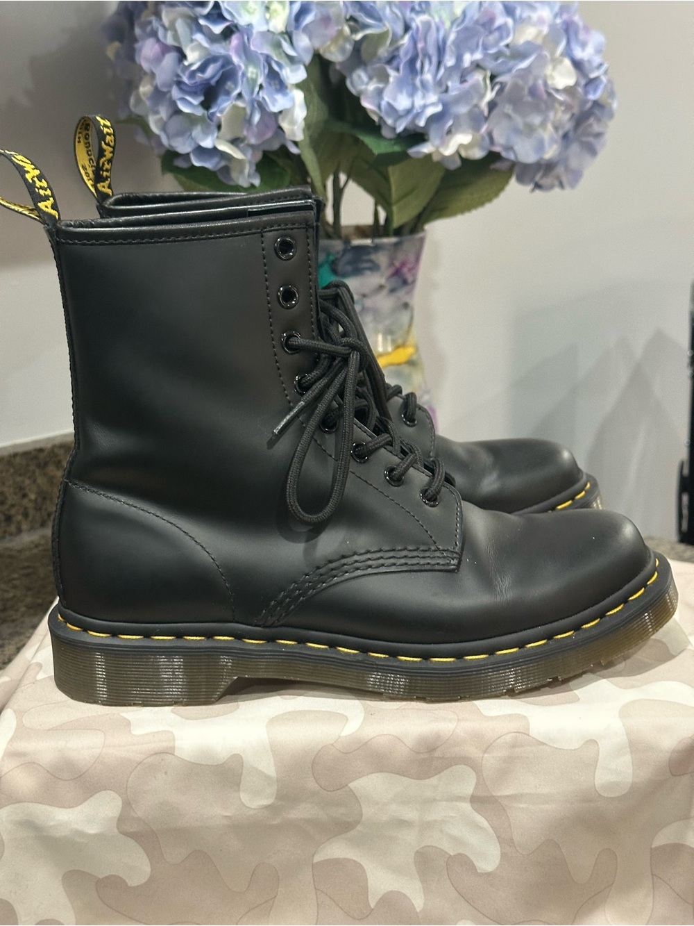 Dr. Martens Black Leather Boot with Yellow Heel Loop